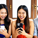 **Image:** A group of diverse Thai individuals laughing and engaged in lively conversation via their smartphones, with chat bubbles showcasing positive product reviews and recommendations. The background subtly displays logos of popular Thai e-commerce platforms and brands.